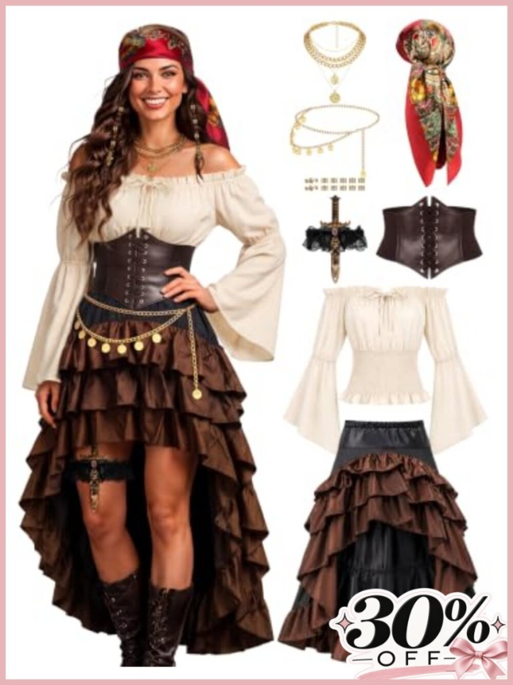 SOMSOC Women's Pirate Costume 8-Piece Set with Shirt Skirt Corset Belt